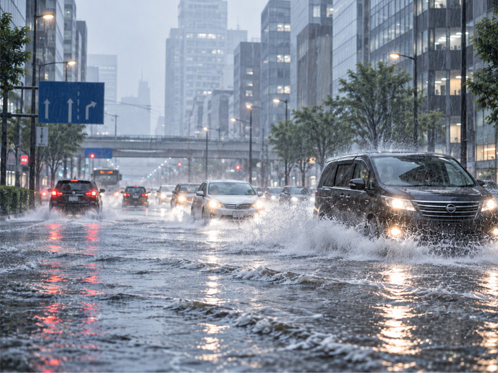 豪雨で冠水した市街地の道路を走る車
